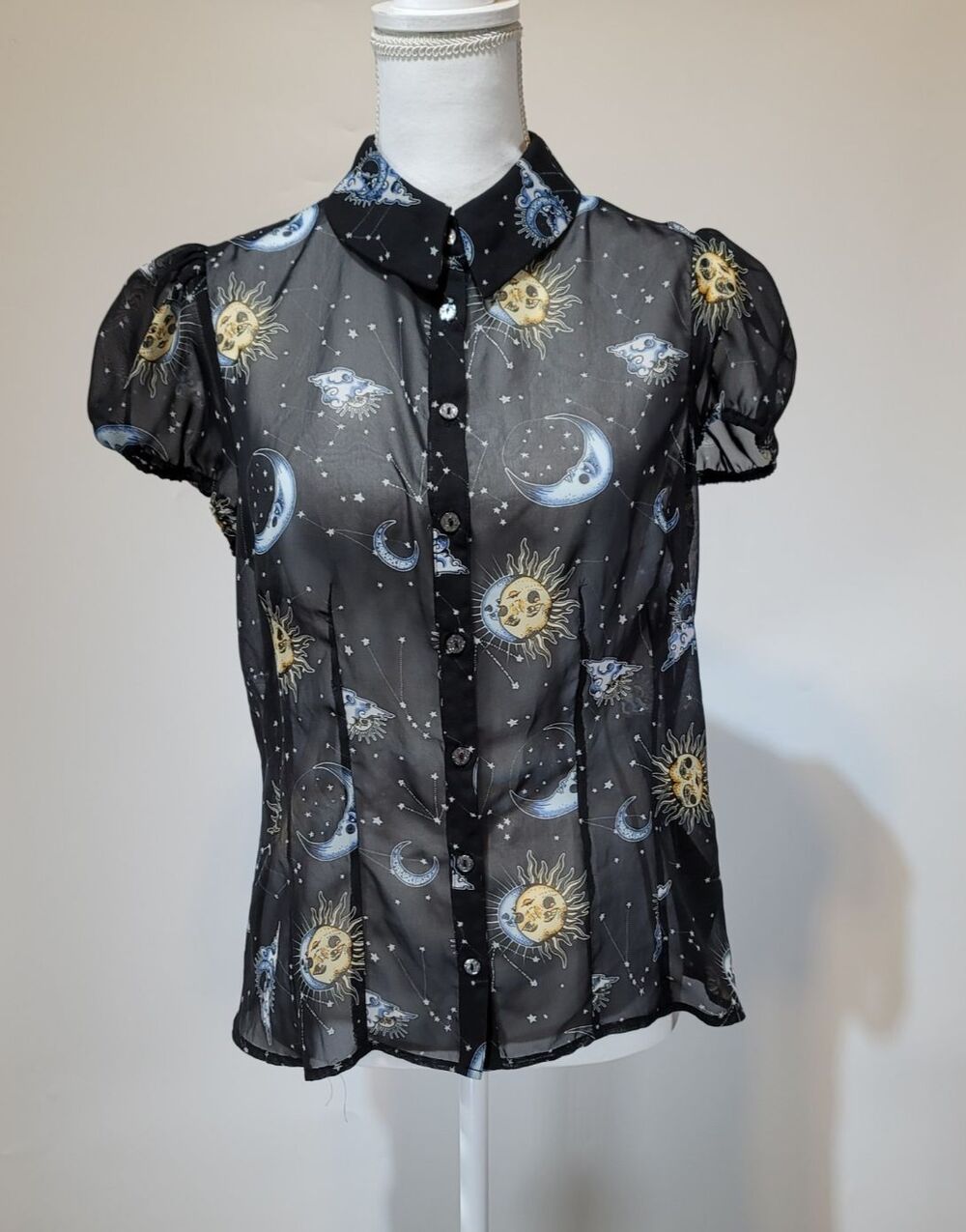 Hell Bunny Blouse Celestial Sun & Moon Sheer Button Up Blouse Size M Witchy Goth